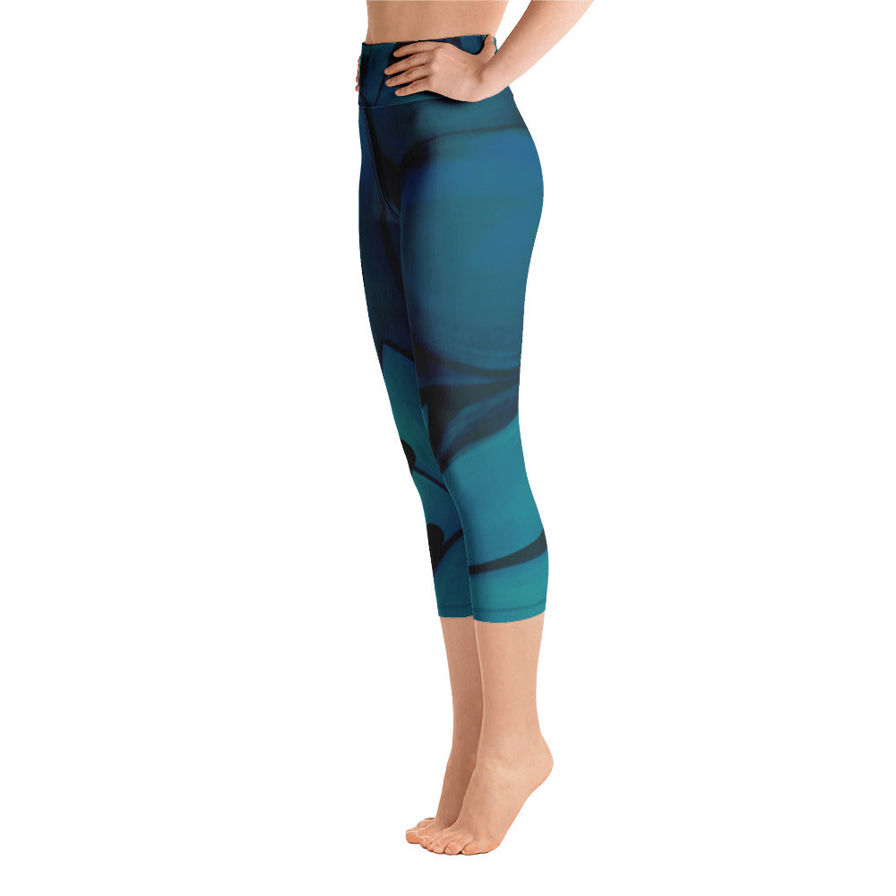 Flower on Teal with Black Hearts | Women's Fine Art High-Waist Capris