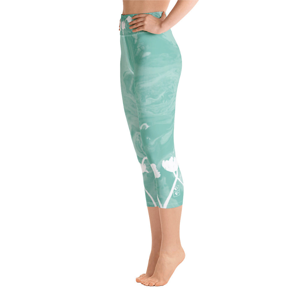 Fluid with White Flowers | Women's Fine Art High-Waist Capris