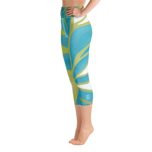 Turquoise & Green Leaves | Women's Fine Art High-Waist Capris