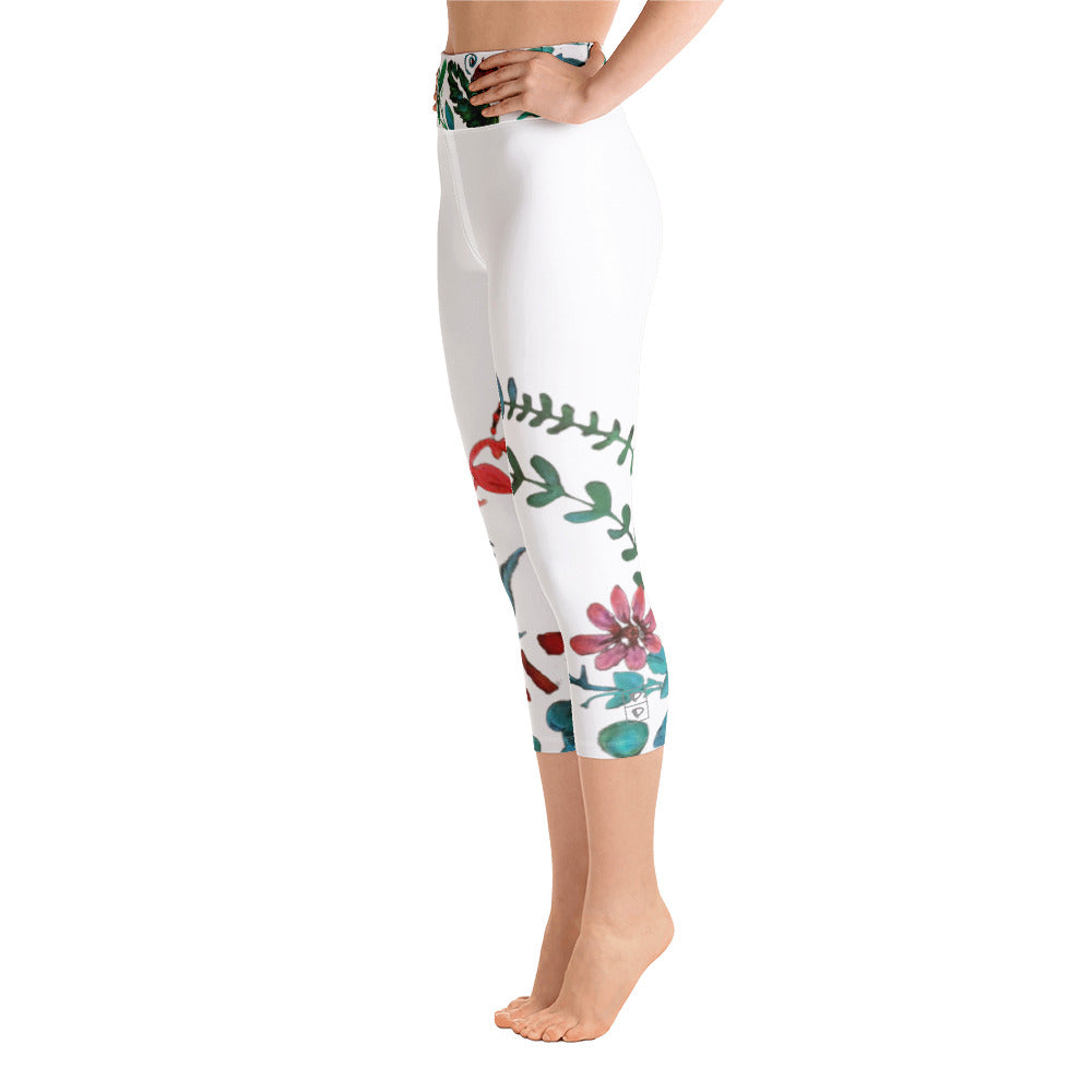 Flowers & More on White | Women's Fine Art High-Waist Capris