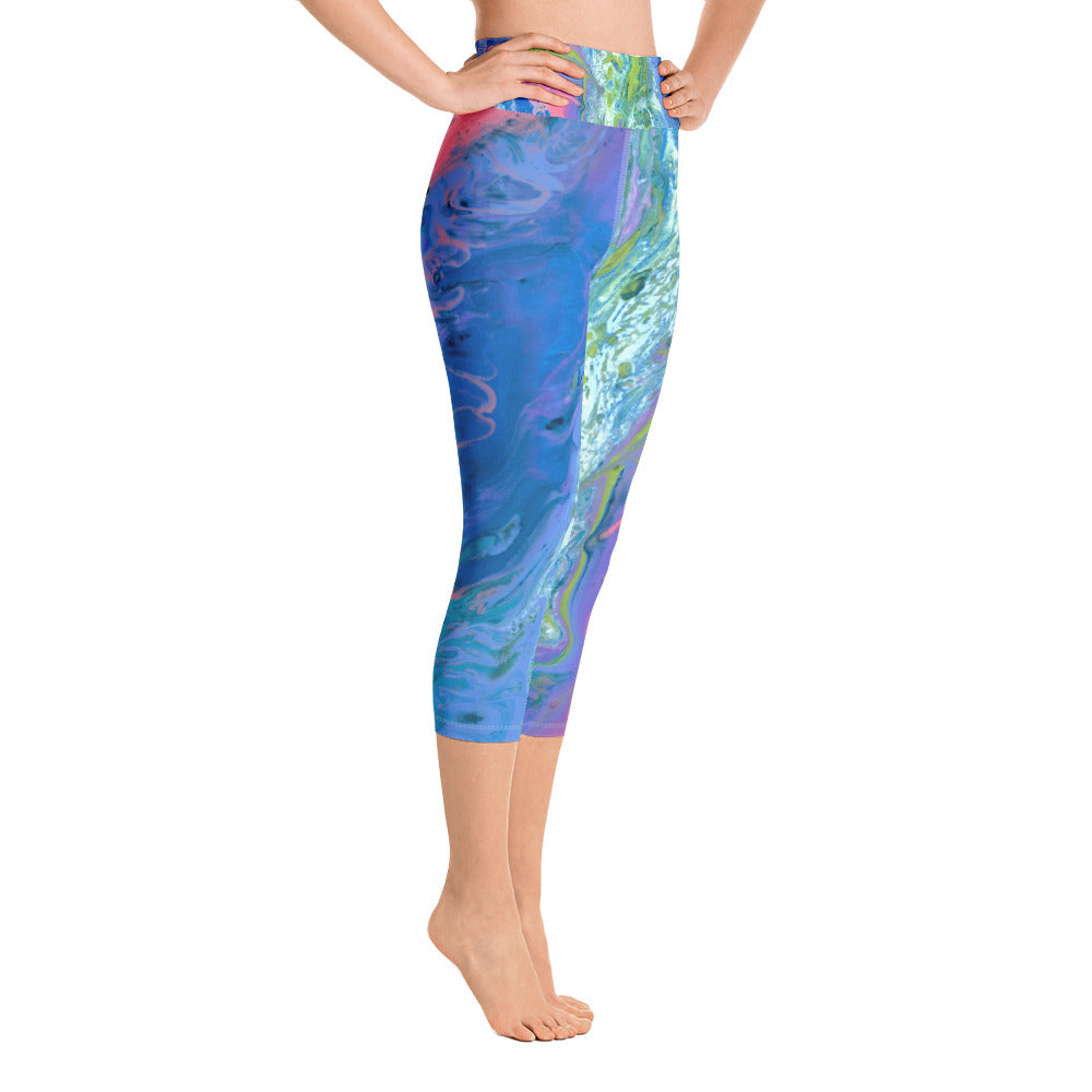 Fluid Coral and Blue | Women's Fine Art High-Waist Capris