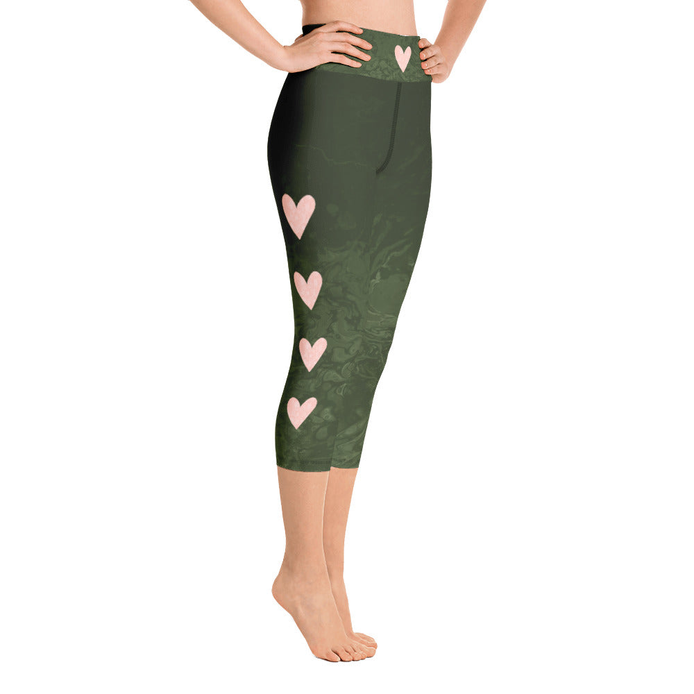 Fluid Military Green with Blush Hearts | Women's Fine Art High-Waist Capris