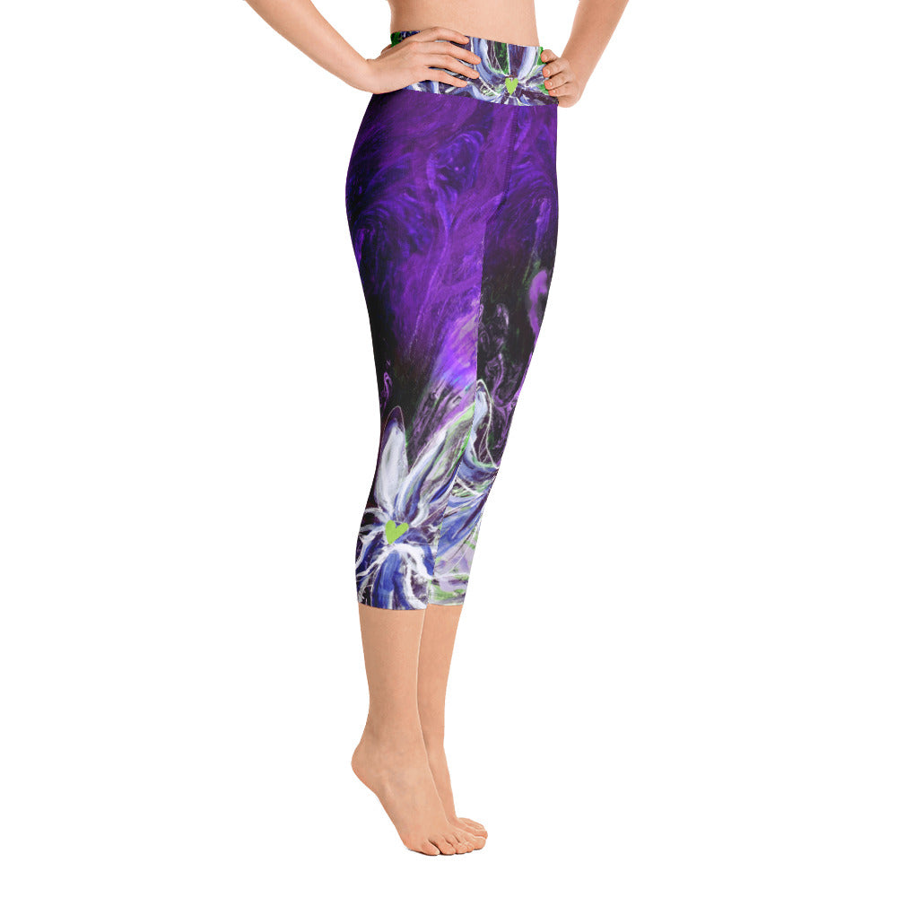 Purple and Green Flowers with Green Hearts SFG | Women's Fine Art High-Waist Capris