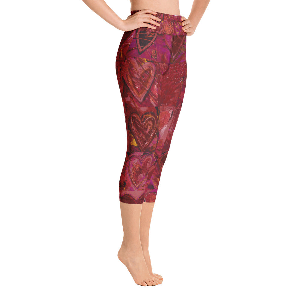 Hearts Without Borders Red and Dark Purple | Women's Fine Art High-Waist Capris