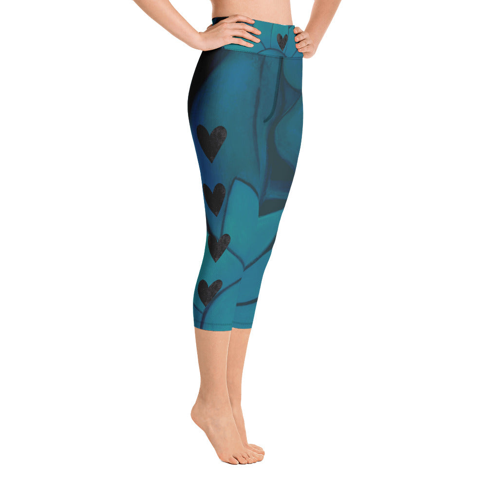 Flower on Teal with Black Hearts | Women's Fine Art High-Waist Capris