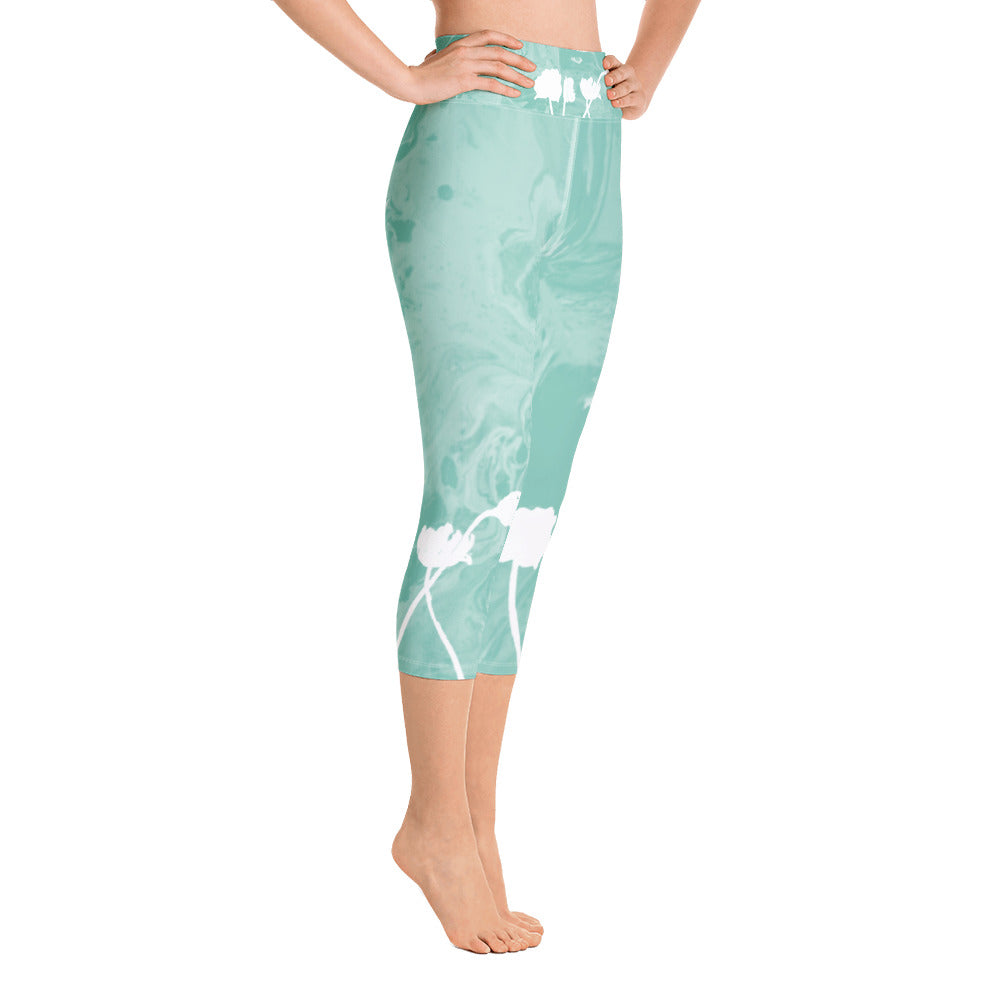 Fluid with White Flowers | Women's Fine Art High-Waist Capris