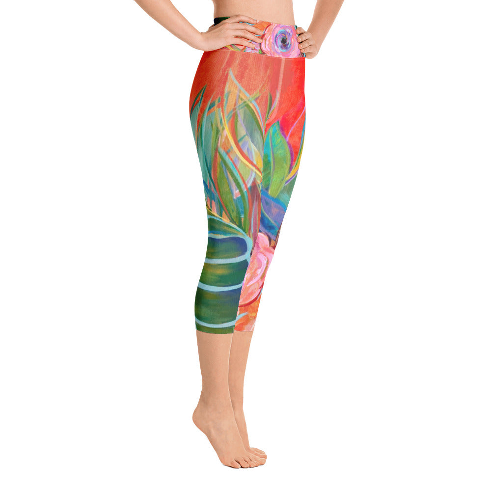 Orange Floral | Women's Fine Art High-Waist Capris