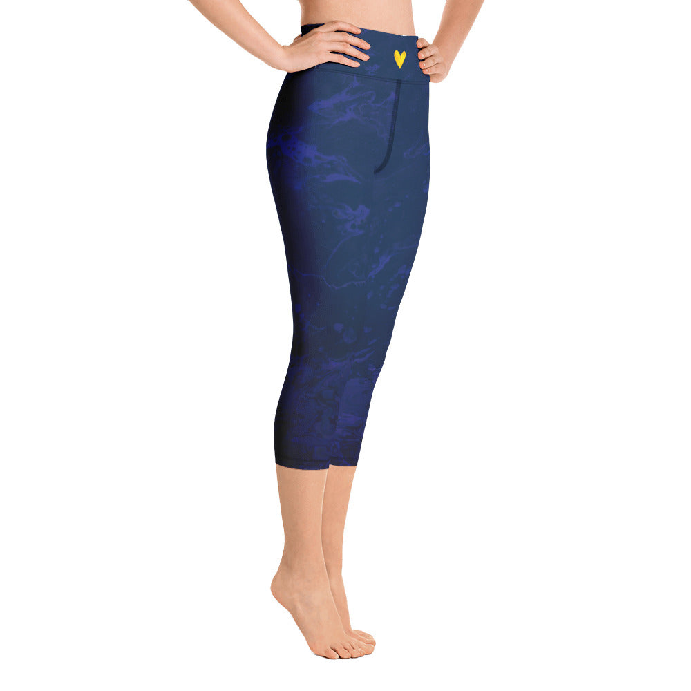 Fluid Navy with Yellow Hearts | Women's Fine Art High-Waist Capris