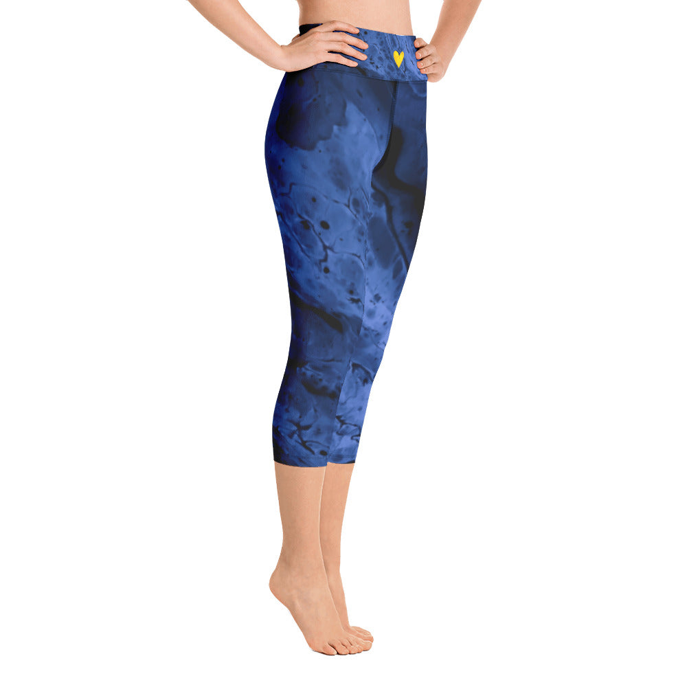 Fluid Navy with Yellow Hearts | Women's Fine Art High-Waist Capris