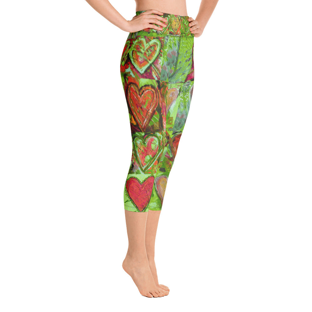 Hearts without Borders Red & Green | Women's Fine Art High-Waist Capris