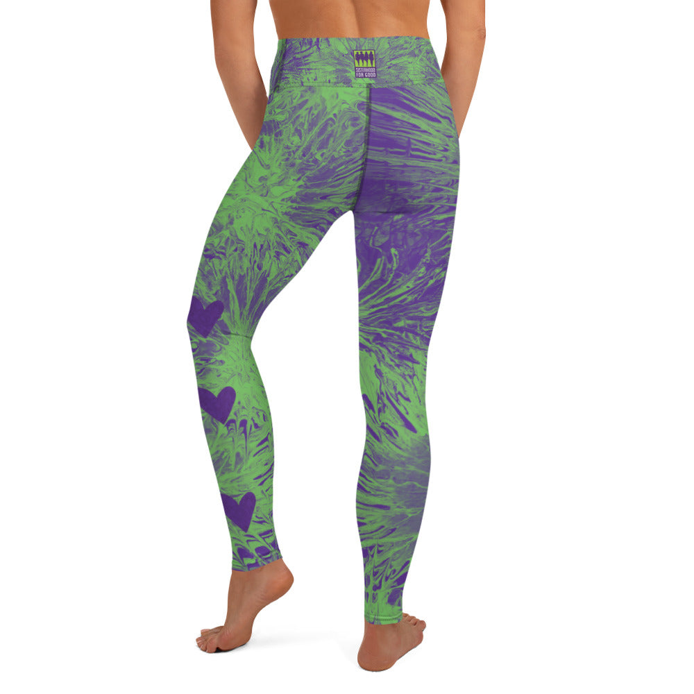 Purple and Green Splatter with Purple Hearts SFG, Women's Fine Art  High-Waist Leggings