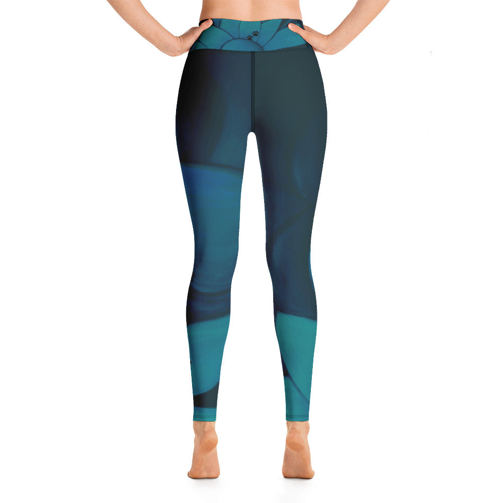 Flower on Teal - Vintage Paws | Women's Fine Art High-Waist Leggings