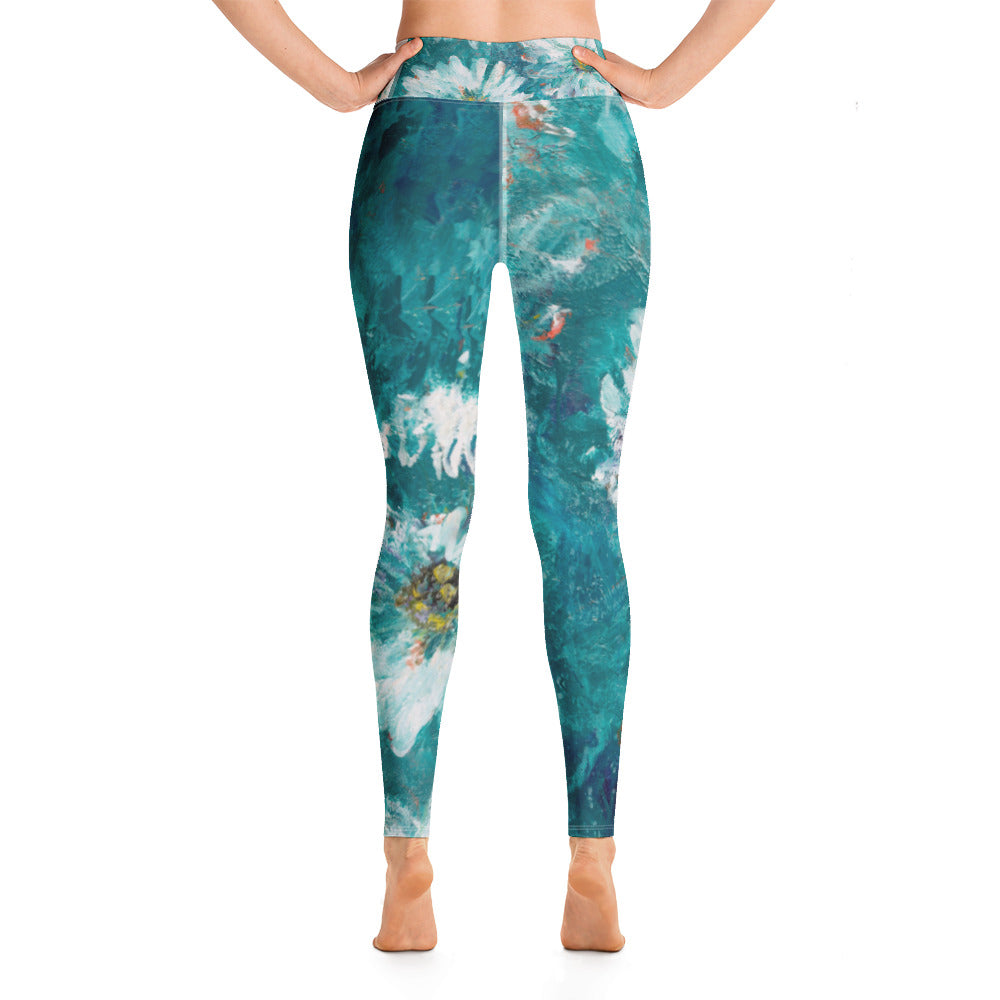 White Flowers on Turquoise | Women's Fine Art High-Waist Leggings