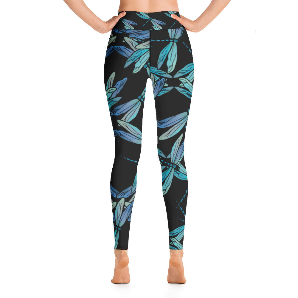 Dragonflies on Black | Women's Fine Art High-Waist Leggings | Debbie Dannheisser Threads