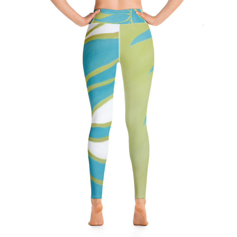 Turquoise & Green Leaves | Women's Fine Art High-Waist Leggings