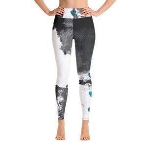 Abstract Woman Black and White with Turquoise Hearts | Women's Fine Art High-Waist Leggings