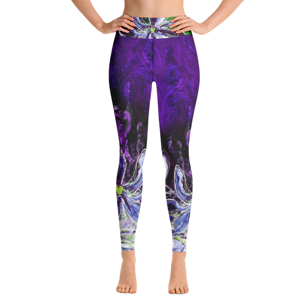 Purple and Green Flowers with Green Hearts SFG | Women's Fine Art High-Waist Leggings