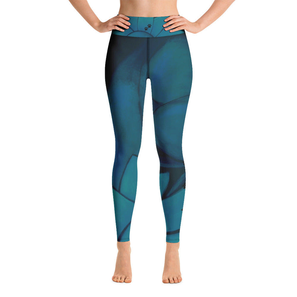 Flower on Teal - Vintage Paws | Women's Fine Art High-Waist Leggings