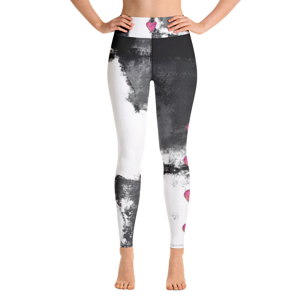 Abstract Woman Black and White with Hearts | Women's Fine Art High-Waist Leggings