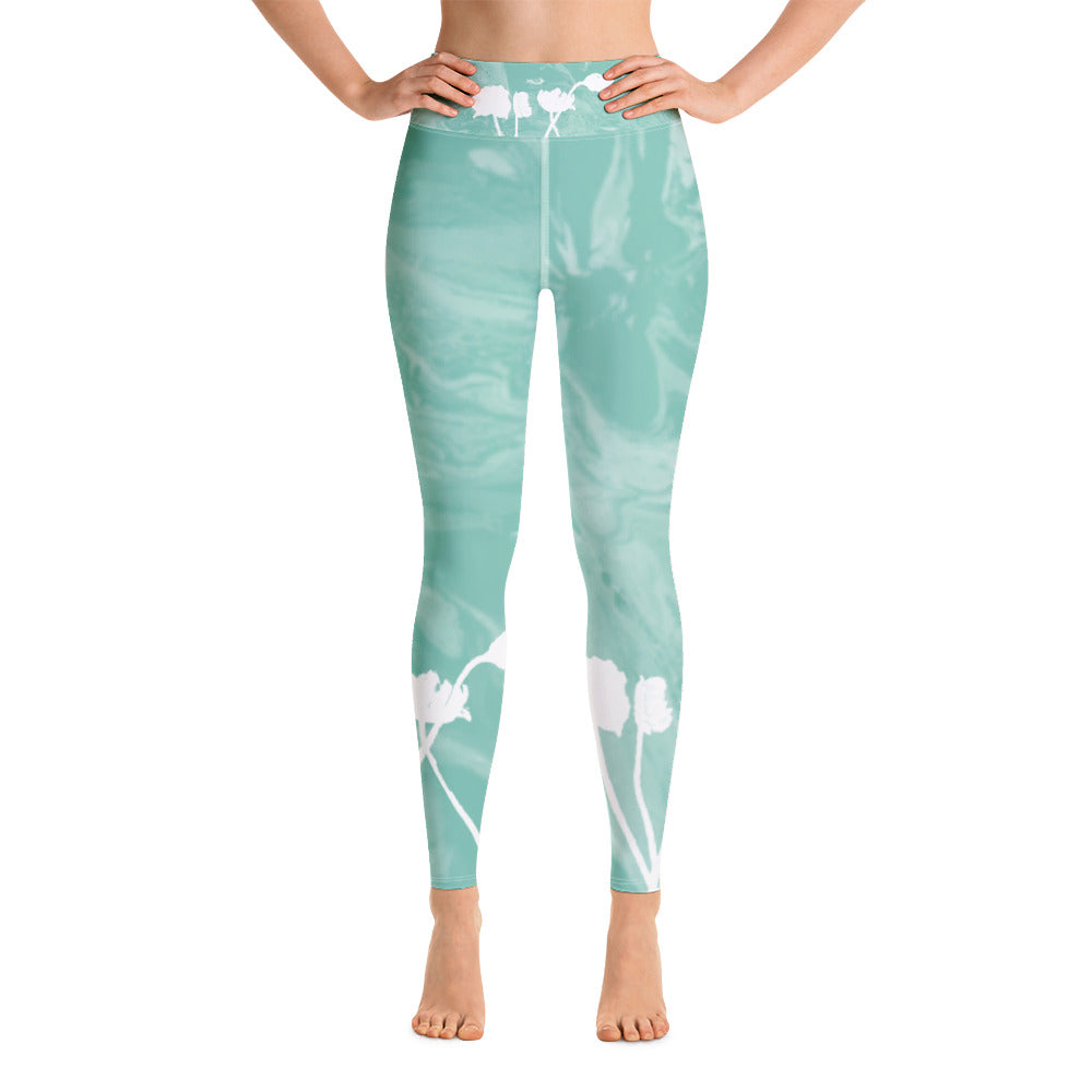 Fluid with White Flowers | Women's Fine Art High-Waist Leggings