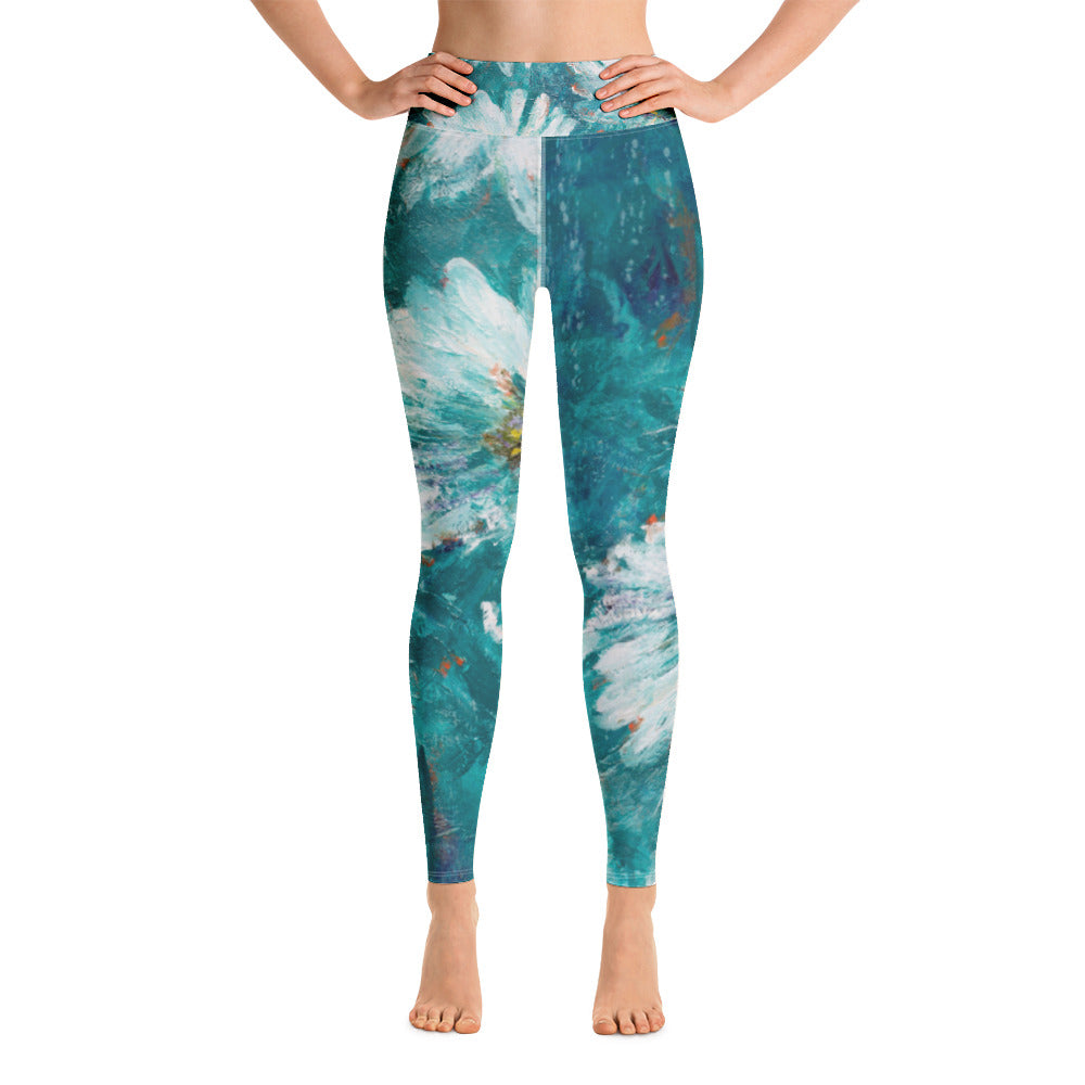 White Flowers on Turquoise | Women's Fine Art High-Waist Leggings