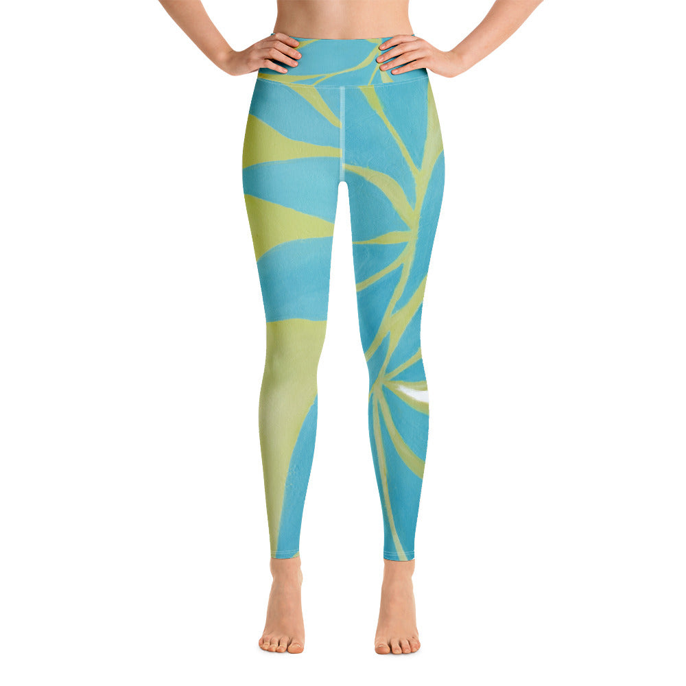 Turquoise & Green Leaves | Women's Fine Art High-Waist Leggings