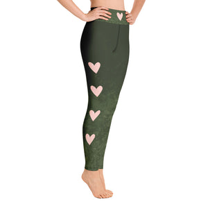 Fluid Military Green with Blush Hearts | Women's Fine Art High-Waist Leggings