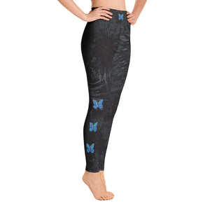 Black Splatter with Blue Butterflies Tidewell | Women's Fine Art High-Waist Leggings