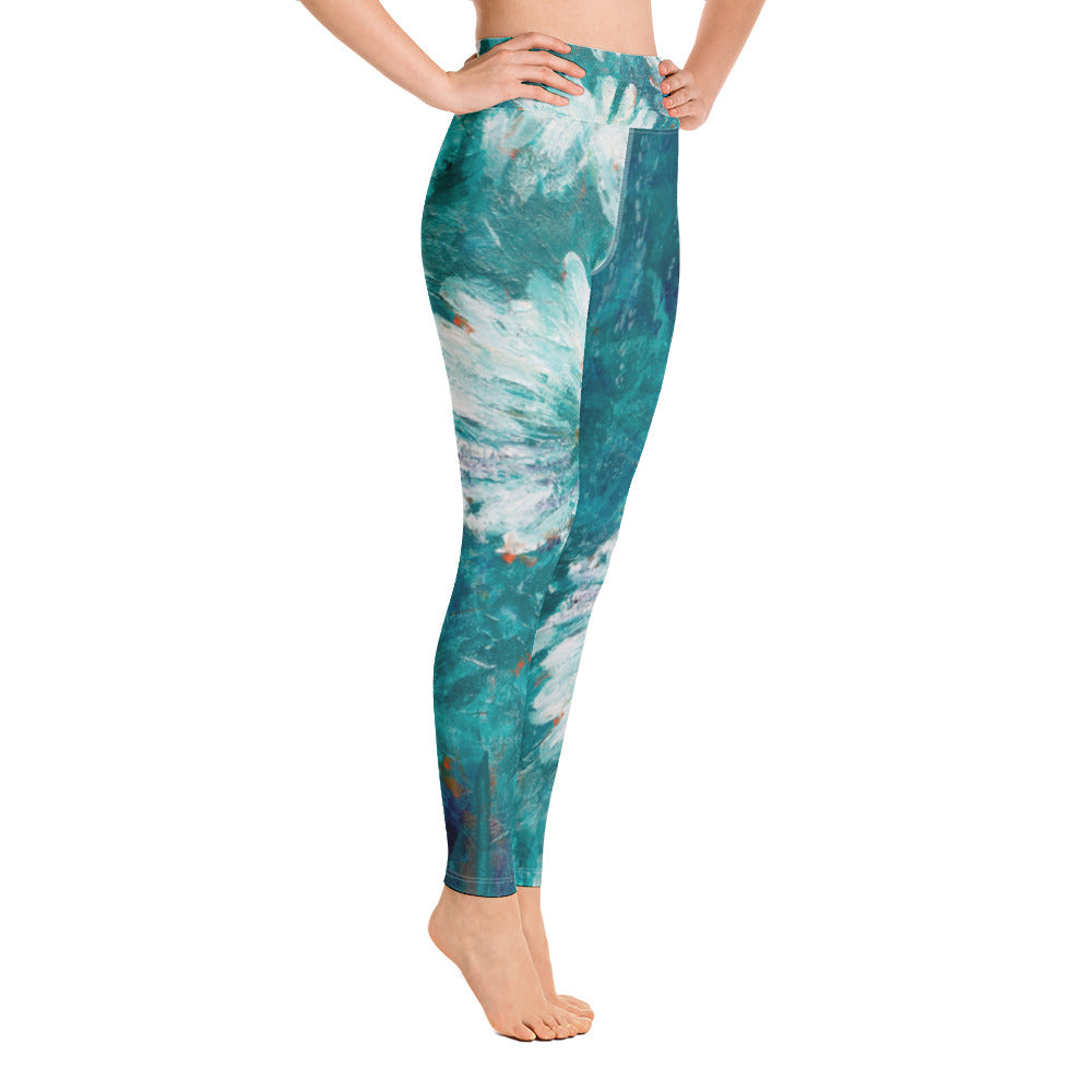 White Flowers on Turquoise | Women's Fine Art High-Waist Leggings