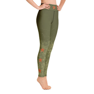 Fluid Military Green with Paprika Stars | Women's Fine Art High-Waist Leggings