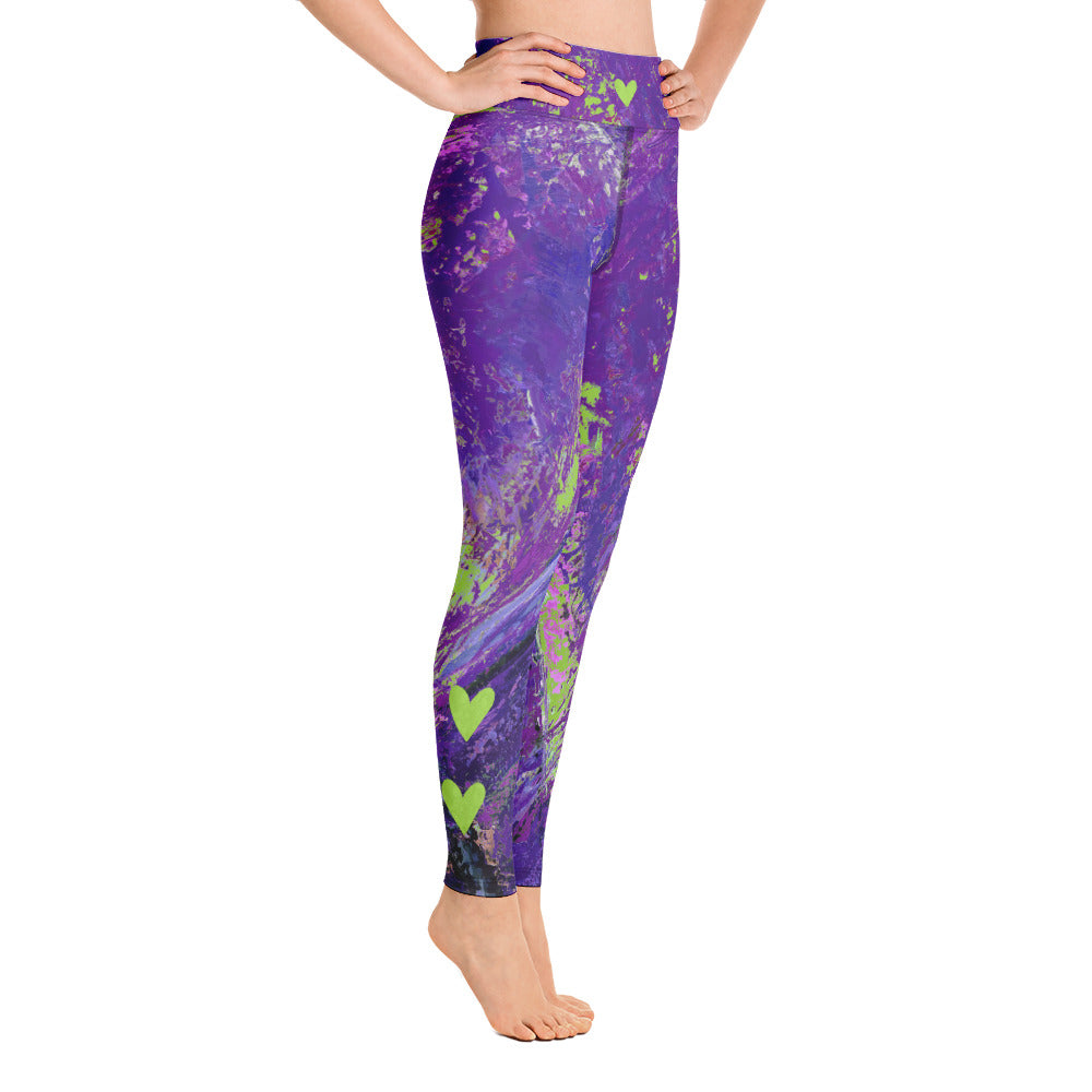 Coral Heart Purple and Lime with Green Hearts SFG | Women's Fine Art High-Waist Leggings