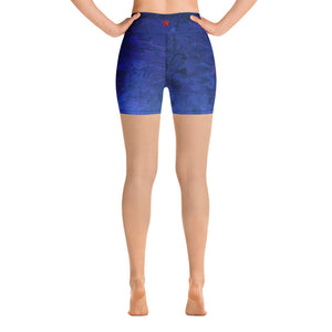 "Fluid Ombre Blue with Red Stars" Yoga Shorts