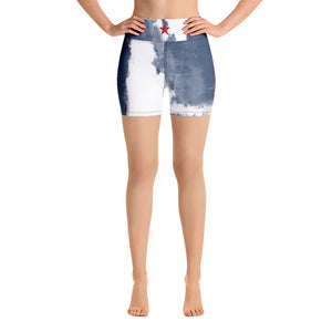 "Independence - Blue and White with Red Stars" Yoga Shorts