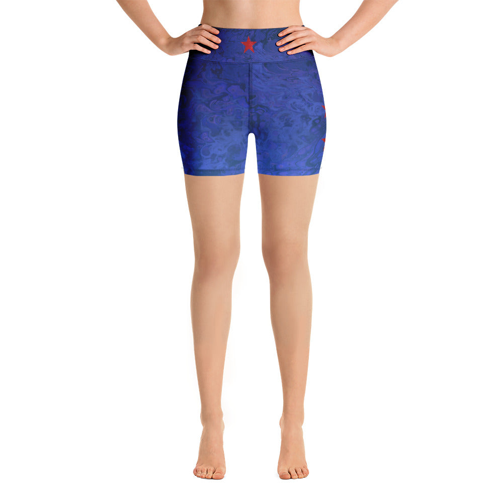 "Fluid Ombre Blue with Red Stars" Yoga Shorts