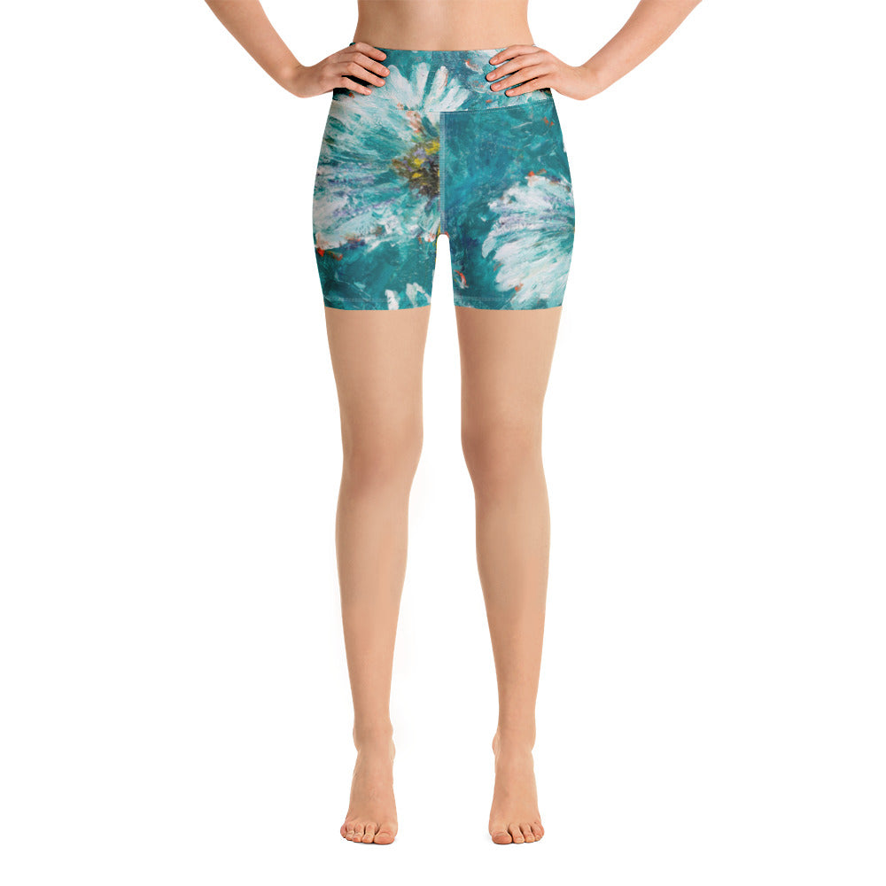 "White Flowers on Turquoise" Yoga Shorts