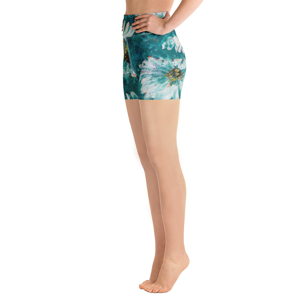 "White Flowers on Turquoise" Yoga Shorts