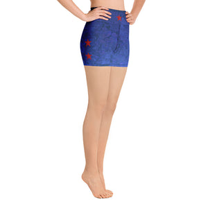 "Fluid Ombre Blue with Red Stars" Yoga Shorts