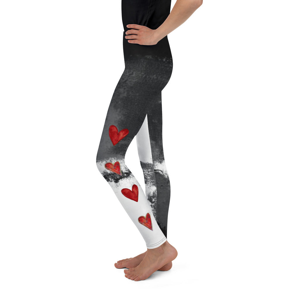 "Abstract Woman Black and White with Red Hearts" Kids Leggings