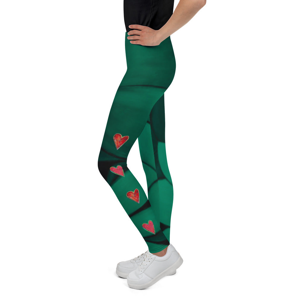 "Flower on Emerald and with Red Hearts" Kids Leggings