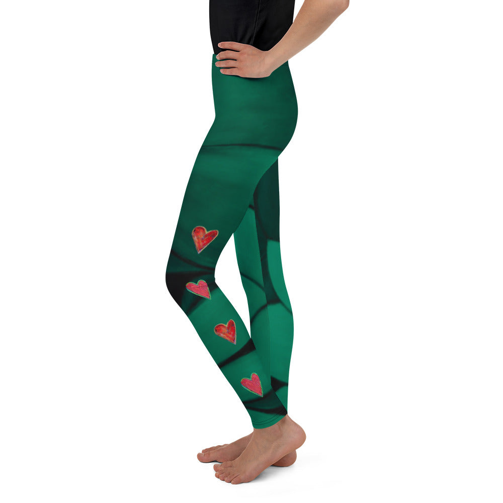 "Flower on Emerald and with Red Hearts" Kids Leggings