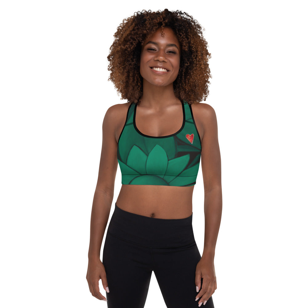 Flower on Emerald and with Red Hearts | Women's Fine Art Padded Sports Bra