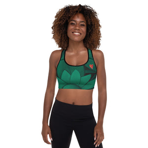 Flower on Emerald and with Red Hearts | Women's Fine Art Padded Sports Bra