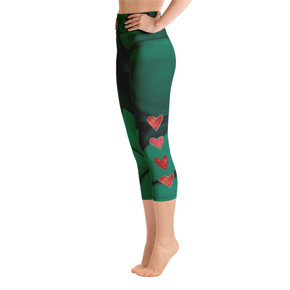 Flower on Emerald and with Red Hearts | Women's Fine Art High-Waist Capris