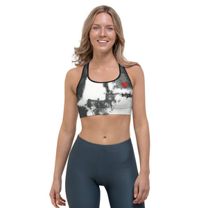 Abstract Woman Black and White with Red Hearts | Women's Fine Art Sports Bra