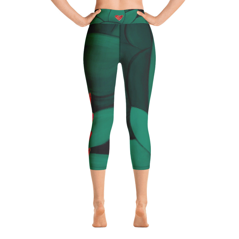 Flower on Emerald and with Red Hearts | Women's Fine Art High-Waist Capris